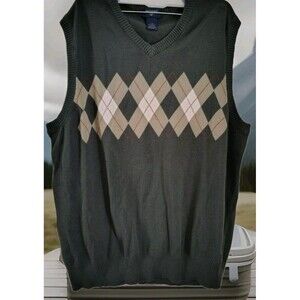 Men's Dockers Argyle Diamond V Neck Green Sweater Vest Size L